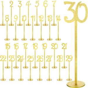 30 Pcs Wood Table Numbers Wedding 1-30 for Reception Stands Seat Table Numbers with Holder Base for Wedding Party Event Catering(Gold Color)