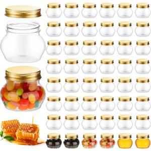Hsei 48 Pcs 4 oz Clear Plastic Jars with Lids Wide Mouth Mason Canning Jars Mini Storage Containers Bulk for Herb Jelly Wedding Favors Shower Party(Gold)