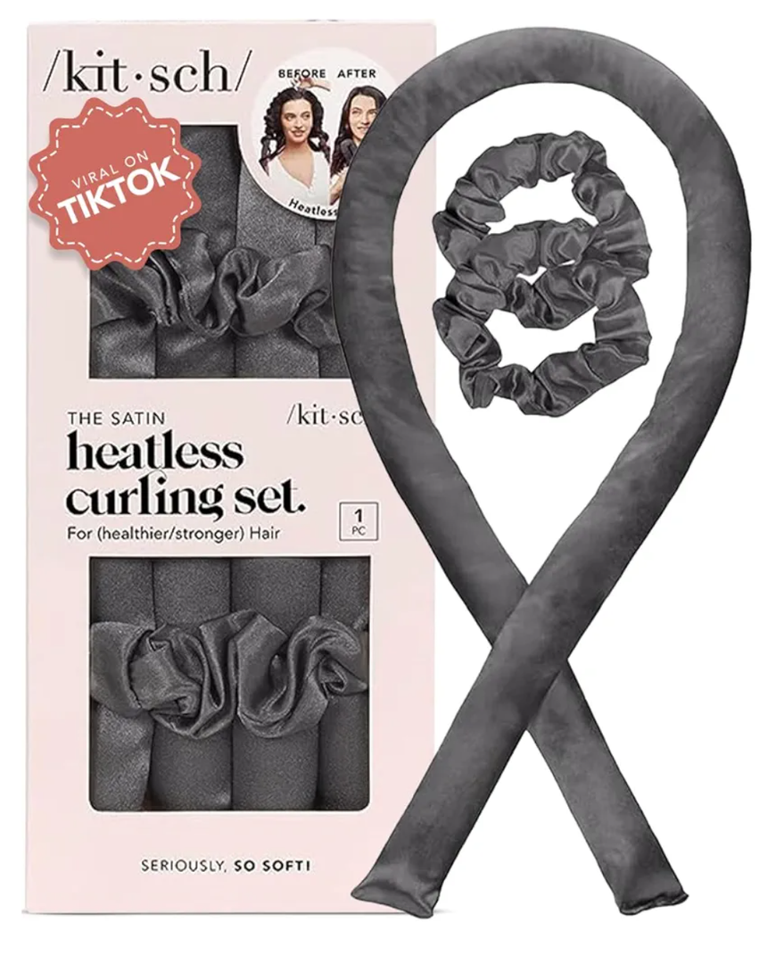 Kitsch Satin Heatless Curlers Set – Heatless Curls Overnight with 34" Hair Curler & 2 Satin Scrunchies – Comfortable Hair Curlers to Sleep In for Frizz-Free, No Heat Damage Styling - Charcoal