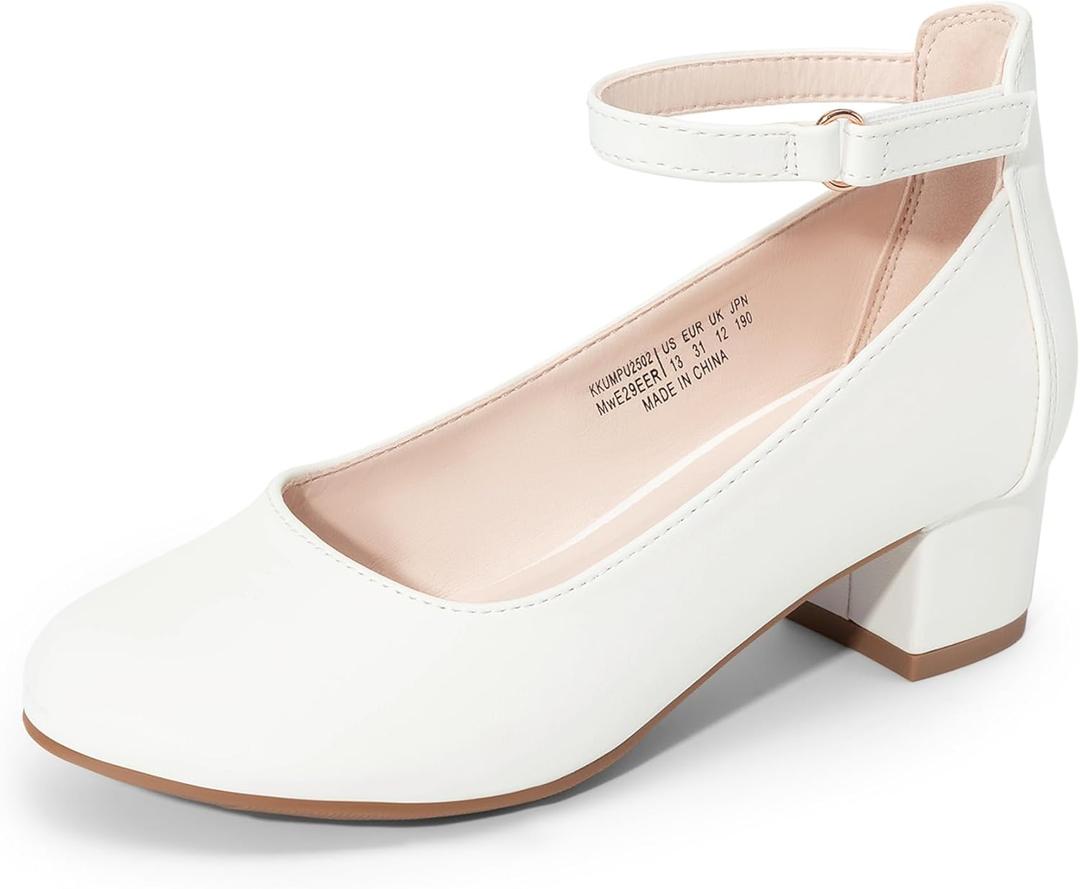 DREAM PAIRS Girls Dress Shoes Chunky High Heels Ankle Strap Party Wedding Princess Pump for Little Big Kid, Size 3 Little Kid, White, KKUMPU2502