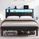 OLEVS Queen Size Bed Frame with LED Lights & Charging Station, Modern Platform Bed with 2-Tier Storage Headboard, No Box Spring Needed, Noise Free