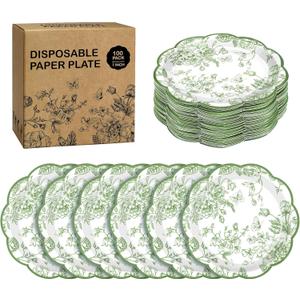 Kochorie 100 Pieces Sage Green Flower Paper Plates 7 Inches Disposable Floral Paper Plate Scalloped Sage Green Chinoiserie Vintage Flower Dessert Plates for Wedding Birthday Holiday Party Supplies