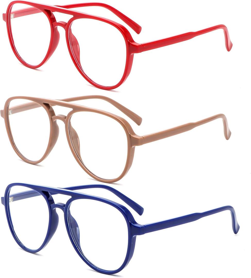 DXYXYO 3 Pack Retro Aviator Reading Glasses for Women, Mens Lightweight Blue Light Blocking Computer Readers (Red+blue+khaki)