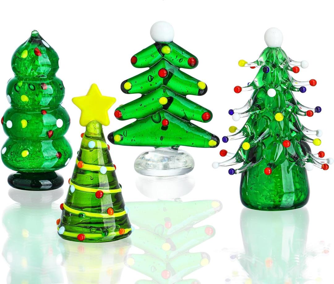 HDCRYSTALGIFTS Set 4 Blown Glass Christmas Tree Figurine Collectible 2.5'' Art Glass Statue Holiday Decoration Sculpture Festival Gifts Home Arts