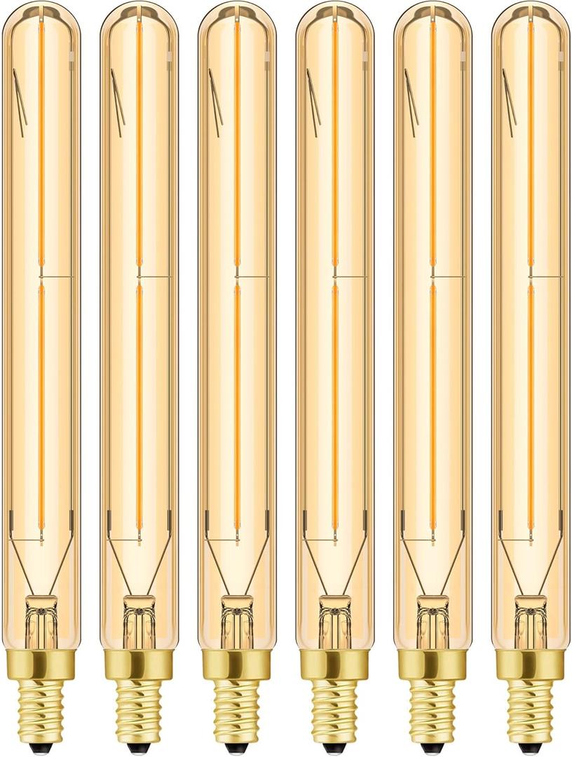 E12 Long Led Bulbs 4W Dimmable E12 Candelabra Bulb Warm White 2500K Amber Tubular Light Bulb 40 Watt T6 Edison Bulb 400lm 7.3Inch Vintage LED Filament, 6Pack