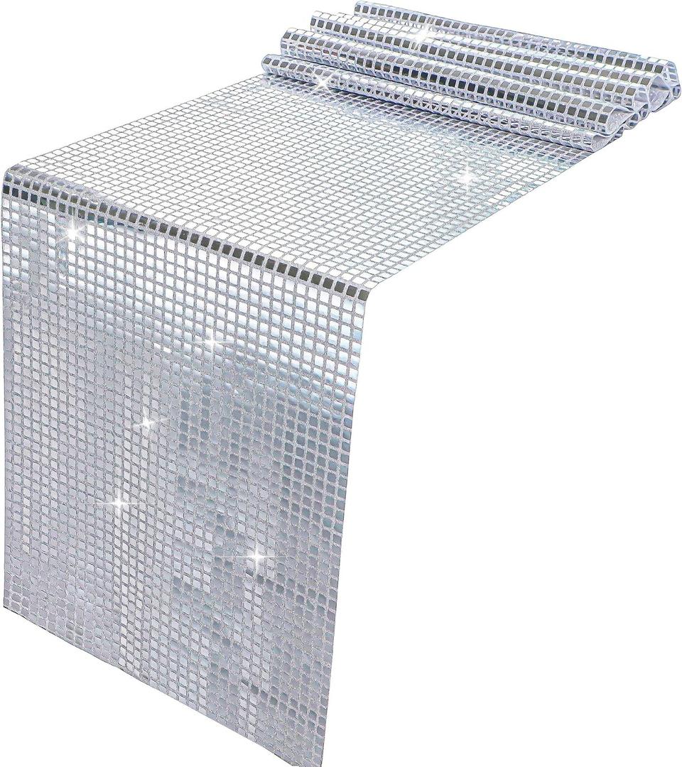 Snowkingdom 13 x 72 Inches Glitter Disco Party Table Runner Mirror Silver Runner Retro 70s 80s Theme Disco Ball Table Decorations Birthday Bachelorette Dance Party Supplies