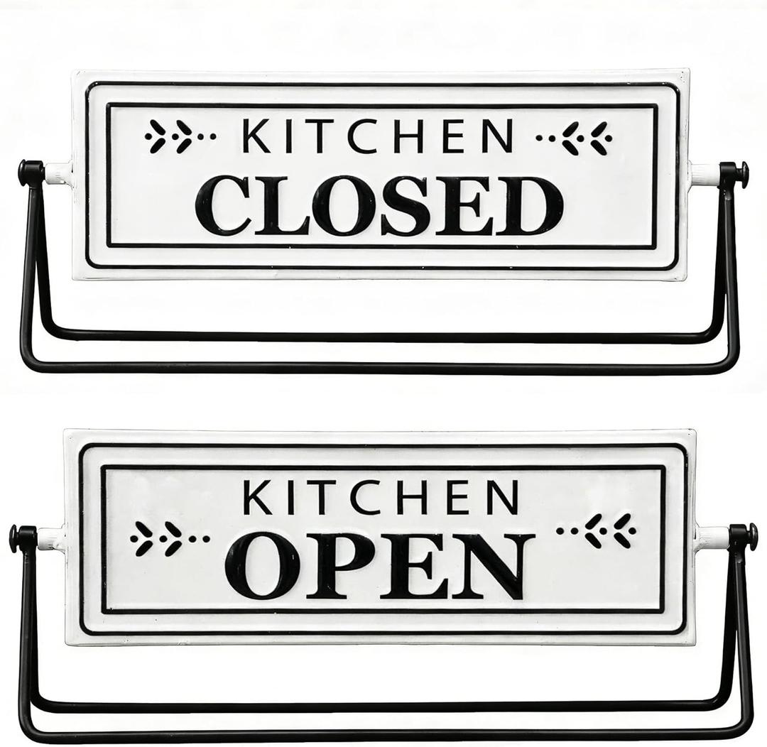 Kitchen Open Closed Sign, Rotating Tabletop Decor with Embossed Metal, 12 Inch Double Sided Freestanding Sign for Countertop, Modern Home Kitchen Cafe Decor, Black and White
