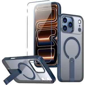 Magnetic for iPhone 17 Pro Max Stand Case with Screen Protector, [Full Camera Protection] (Compatible with MagSafe) Military Grade Drop Protection, Translucent Matte Bumper Cover Case, Blue