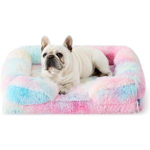 Bedsure Orthopedic Dog Bed for Medium Dogs - Calming Waterproof Dog Sofa Beds Medium, Supportive Foam Pet Couch Bed with Removable Washable Cover, Waterproof Lining and Nonskid Bottom, Multi Color (28.0"L x 23.0"W x 6.5"Th, Long Faux Fur-Multi Color)