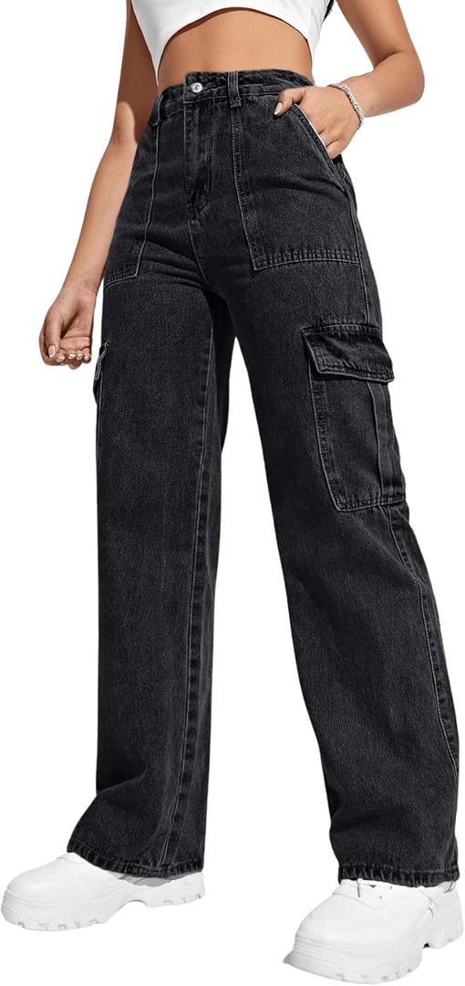 SweatyRocks Women's High Waist Cargo Jeans Flap Pocket Wide Leg Denim Pants (Extra Large, Pure Black)