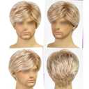 Mens Blonde Short Hair Wig Male Cosplay Wig Men Daily Wear Wig Realistic Men's Wig Layered Synthetic Hair Wig Natural Fluffy Wig Halloween Costume Wig