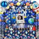Outer Space Birthday Party Decorations 96PCS Set with Backdrop, Table Cover, Star Garland, Rocket & Astronaut Foil Balloons, Cake Topper, Latex Balloons for Kids Party