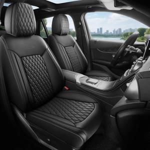 Front Car Seat Covers 2PCS, Luxury Heavy-Duty Nappa Leather 3D Design Universal Fit Waterproof Automotive Seat Covers& Accessories for SUV Trucks, Style1 Black (Black Full Coverage)