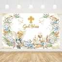 MEHOFOND Boys God Bless Baptism Backdrop First Holy Communion Party Decorations Newborn Baby Party Supplies Banner Boho Floral Baby Shower Photography Background Decor Supplies 6x3.6ft