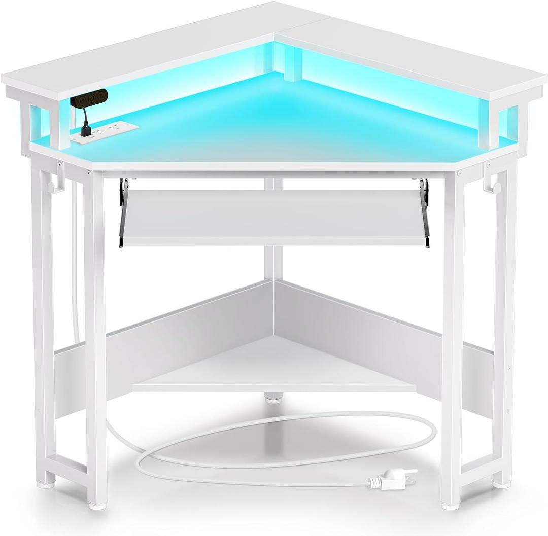 Rolanstar Corner Desk, 44.5" W x 34.5" H Small Computer Desk with Power Outlets, Gaming Desks with LED Lights, Triangle Corner Table with Keyboard Tray & Monitor Stand for Small Space, White