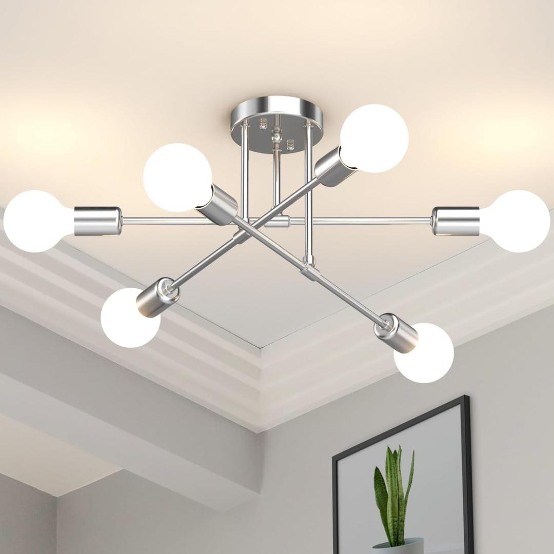 Modern Sputnik Chandelier, 6-Light 22" Semi Flush Mount Ceiling Light Fixture with E26 Base, Mid Century Industrial Lighting for Bedroom, Dining Room, Living Room-Glossy Silver