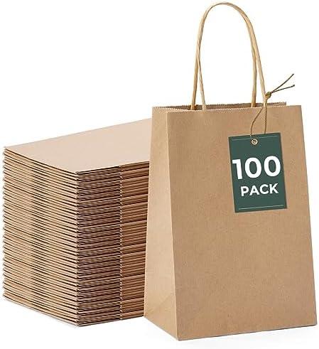 GSSUSA 100 Pack Paper Gift Bags 5.25x3.75x8 Inch Small Brown Paper Bags with Handles Bulk, Brown Kraft Bag for Small Business, Sturdy Grocery Retail Shopping Birthday Party Favor Craft Bag （Made in USA）