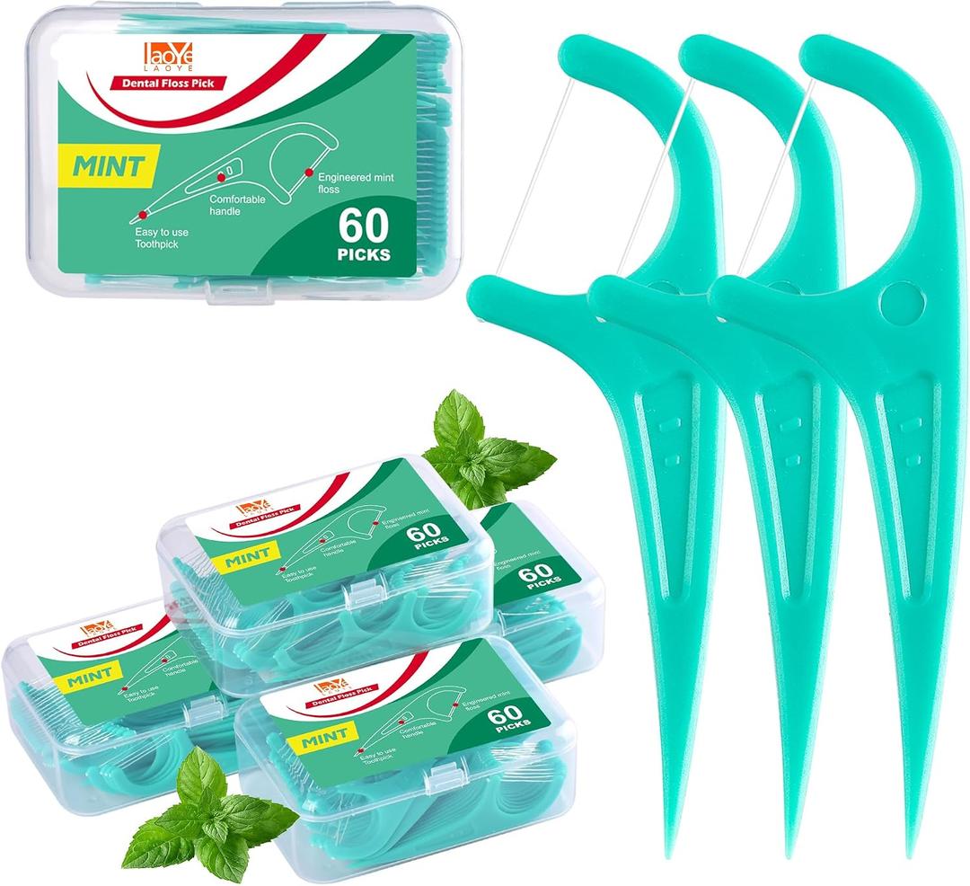 Floss Picks, 300 Count Mint Dental Floss Picks, Toothpicks with 5 Travel Cases for Extra Convenience, Helps Prevent Cavities, Remove Plaque & Freshen Breath, Premium Floss Sticks for Family
