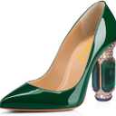 FSJ Women Bridal Pointed Toe Chunky High Heel Crystal Pumps Slip on Wedding Thick Comfort Unique Shoes (7, Forest Green)