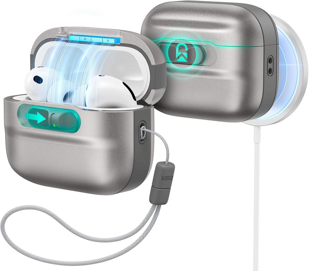ESR for AirPods Pro 3 Case (2025), Compatible with AirPods Pro 3 (USB-C Cable), MagSafe Ready, Magnetic Lid Lock, Full Drop Protection Cover with Lanyard, Titanium