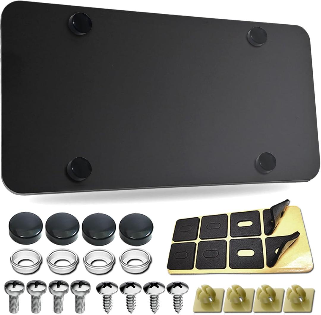 Stainless Steel License Plate Backing - Black Heavy Duty Metal Reinforcement Plate for Car Tag Bending Protection with Screws & Caps