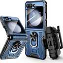 VEGO for Samsung Flip 5 Case with Belt Clip Holster, Hinge Protection with 360Ring Magnetic Kickstand & Camera Screen Protector Heavy Duty Protective Armor Cover - Blue