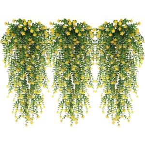 WEISPARK Artificial Hanging Flowers, 9pcs Fake Eucalyptus Vine Faux Flower Greenery Garland Plastic Plants for Indoor Outdoor Wall Garden Wedding Home Party Decor (9pcs Yellow)