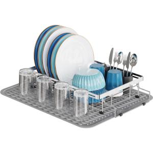 GSlife Stainless Steel Dish Drying Rack - Capacity Expandable in Sink Dish Drainer with Silicone Mat, Over Sink Dish Rack with Utensil Holder for Kitchen Counter, Large Capacity, Silver (Medium)
