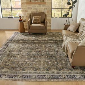 WITSHOCK Boho Living Room Rugs 10x12: Brown Olive Washable Stain Resistant, Modern Vintage Farmhouse Distressed Neutral, Soft Low Pile Large Rug for Bedroom Dining Room Playroom Home Office, 120x144