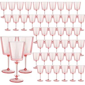 48 PCS Pink Plastic Wine Glasses with Removable Stems 13.5 Oz Pink Ribbed Wine Glasses Square White Wine Glass Muted Pastel Colors Goblets Elegant Fluted Glassware for Wedding Anniversary Birthday