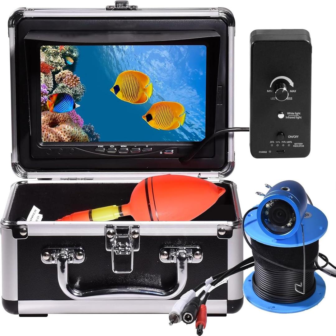 1200TVL HD Underwater Ice Fishing Camera with 7inch Monitor,100ft/30M Cable,10000mAh Fish Finder with 24pcs LED Lights,12pcs Infrared Night Vison,12pcs White Lights,Aluminium Case for Lake,Fish Boat