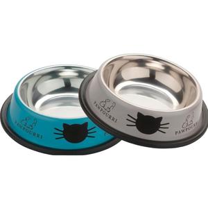 2 Pack Printed Stainless Steel Cat Bowls  8.1 fl oz Anti-Skid Food & Water Cat Feeding Bowls|Cat Dish for Food and Water Bowl|Cat Feeding Bowl for Kitten (Blue & Grey)
