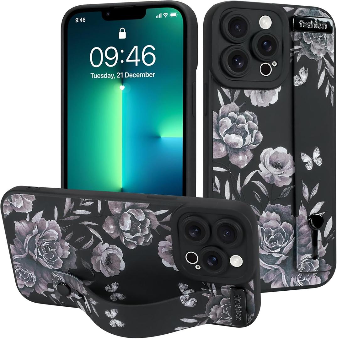 MOWIME for iPhone 13 Pro Max Case with Wrist Strap, Cute Flower Rose Butterfly Design for Women Girls Soft TPU Slim Protective Case Anti-Scratch Shockproof Cover with Adjustable Holder - Black