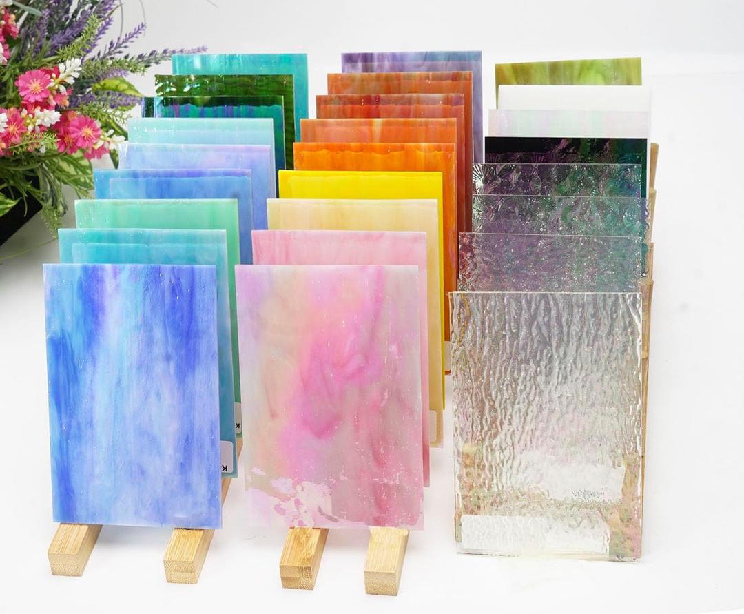 Lanyani 26 Sheets Sparkly Iridescent Stained Glass Sheets Variety Assortment Pack, Opaque Shimmery Art Glass Sheets for Mosaic DIY Glass Crafts, 4x6 inches