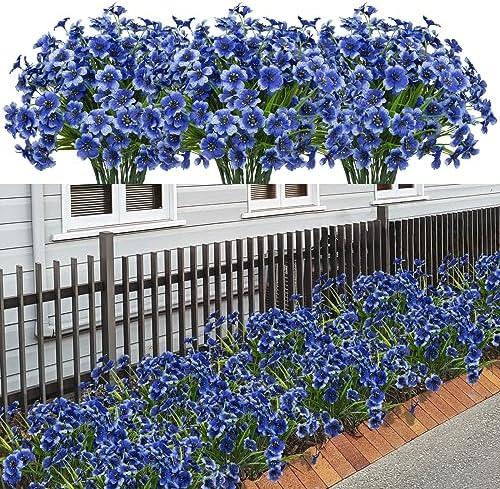 LikSoor 21 Bundles Artificial Outdoor UV Resistant Flowers No Fade Fake Outside Flowers Plastic Greenery Faux Shrubs Garden Porch Window Box Home Decoration(Blue)