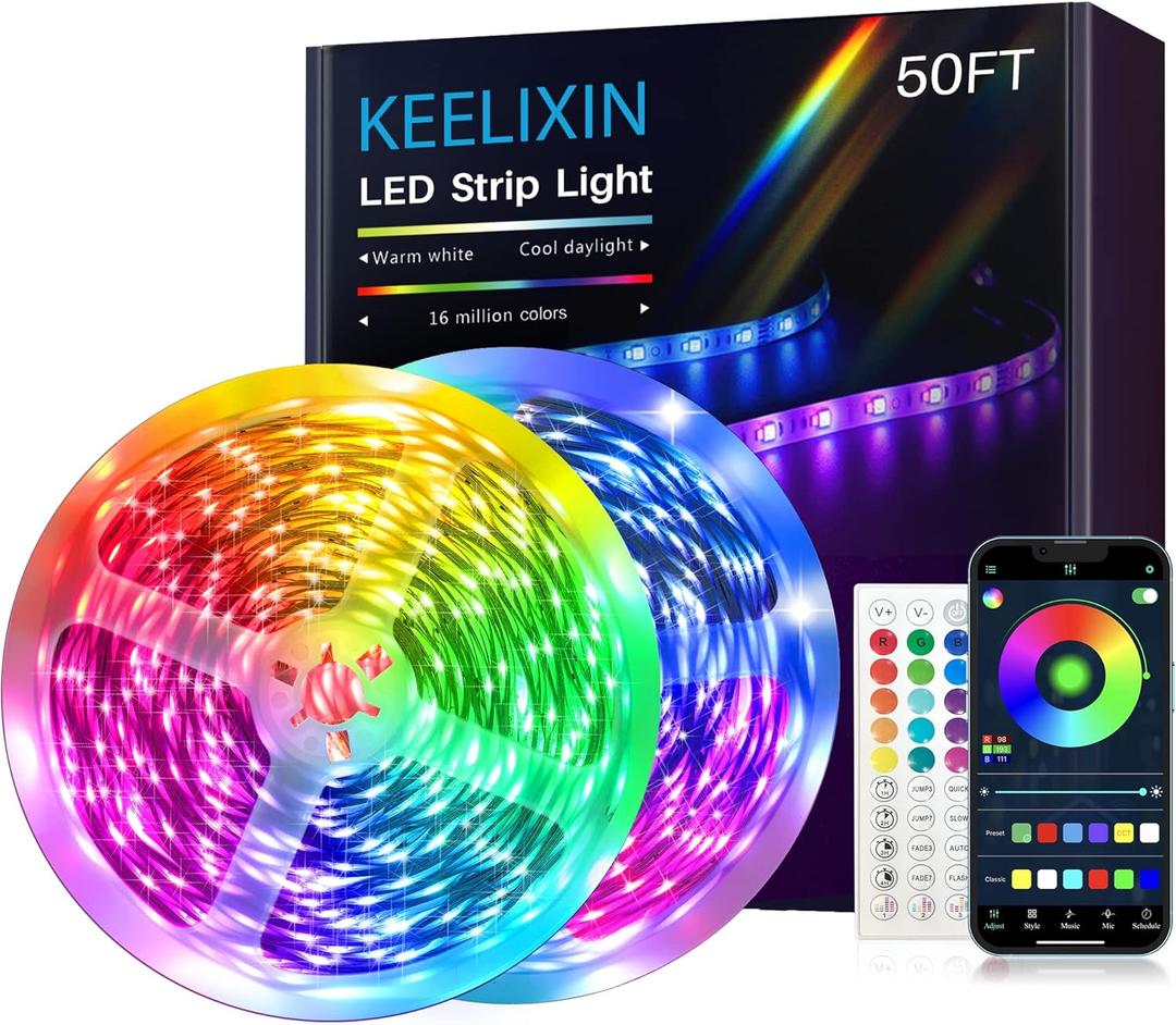 KEELIXIN LED Lights Music Sync RGB LED Strip Lights with APP & Remote Control (50ft-2rolls)