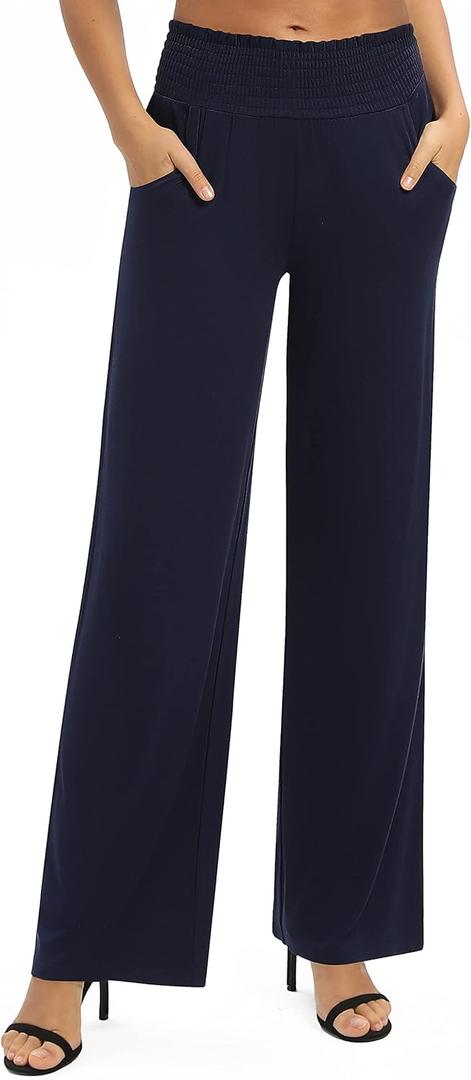 Women's Loose Straight Leg Palazzo Pants High Elastic Waist Causal Trousers with Pockets (XX-Large, Navy Blue)