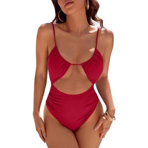Blooming Jelly Womens One Piece Swimsuit Tummy Control Bathing Suit Sexy Slimming Flattering Cute Cheeky High Cut Swimwear (Red, L)