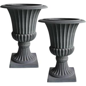 Urn Planters 22", Set of 2, Tall Stone-Resin Pedestal Planters for Outdoor Plants, Large Front Porch Decor, Patio Garden Pots, Outdoor Urns for Entryway, Porch & Deck, Grey Plant Pot, 21.5 inch high