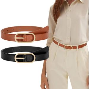 2 x XZQTIVE 2 Pack Women's Skinny Leather Belt Thin Belt for Women with Gold Buckle Plus Size Waist Belt for Jeans Dresses Pants (Brown)