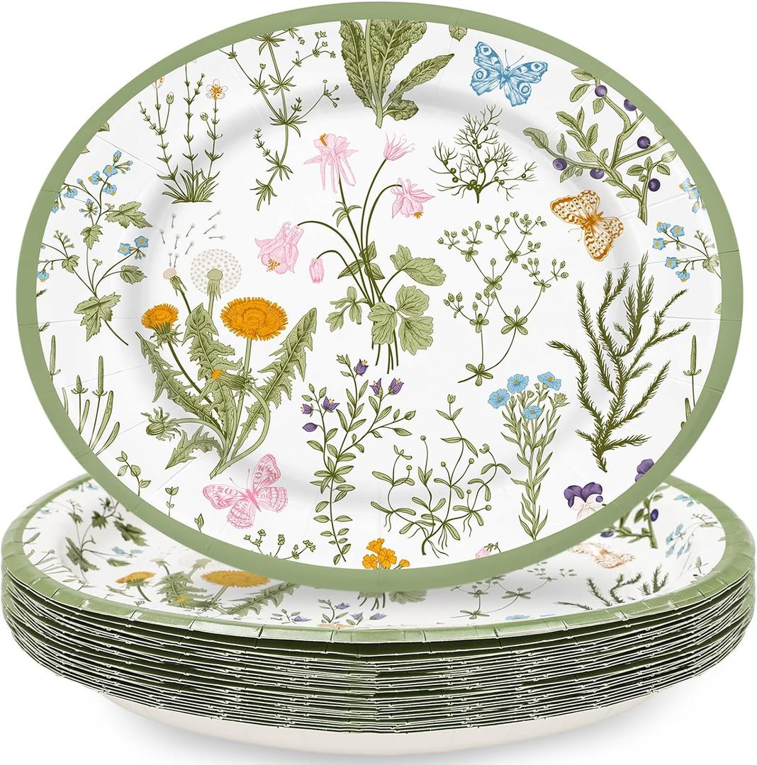Spring Paper Plates 6.8 x 9 In Oval Wildflower Disposable Plates Green Wild Floral Small Decorative Tableware Dessert Plate for Home Party Decor Supplies, 50Pcs