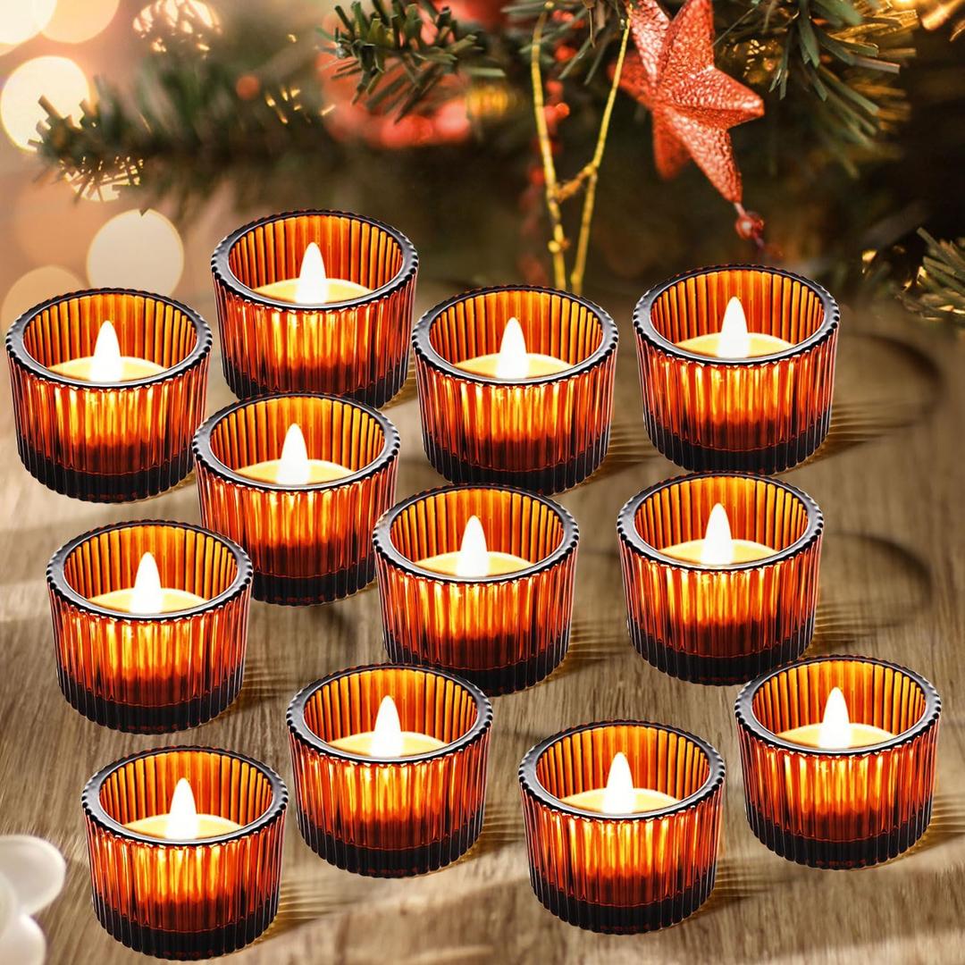 JOYIT Amber Votive Candle Holders Bulk Set of 24, Tealight Candle Holder for Wedding Table Centerpiece, Glass Small Candle Holders for Birthday Party, Valentine's Day, Home Decor (2''X 1.4'')