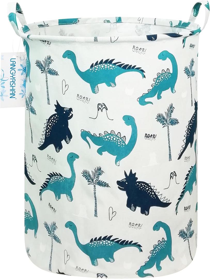 LANGYASHAN Laundry Basket Canvas Fabric Collapsible Organizer Basket for Storage Bin Toy Bins Gift Baskets Bedroom Clothes Children Nursery Hamper (Full dinosaur)