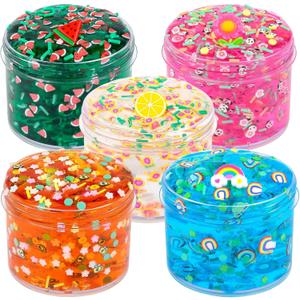 Valentine's Day Clear Slime Kit, 5 Pack Crunchy Glitter Crystal Slime Party Favor Gifts, Stress Relief Toy for Girls and Boys, Soft Non-Stick Putty Slime for Kids, DIY Birthday Glue Boba Glimmer