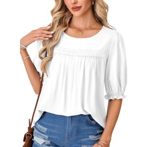 LYANER Women's Round Neck Puff Short Sleeve Ruched Lace Loose Fit Casual Tunic Shirts (White, M)