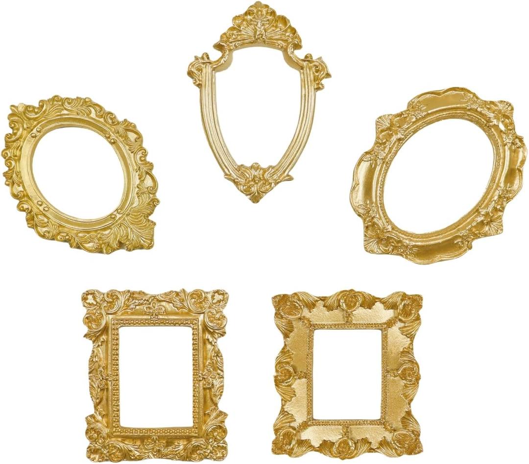 Mini gold frames Mini frame Small Picture Frames Magnetic Picture Frames for Refrigerator Vintage Picture frames Antique Vintage gold frame Jewelry Display Photo Frame Christmas Decor(5pcsGold)