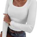 Casual Women's Long Sleeve Shirts Ribbed Knit Fitted Stretch Scoopneck Basic Solid Tunic Tops (X-Large, White)
