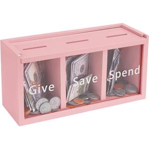 Spend Save Give Piggy Bank for Kids, Money Coin Savings Piggy Bank Jar Box for Kids Child Safe Money Saver, Teach Children About Giving & Saving Money Piggy Box for Childrens Boys Girls, Pink
