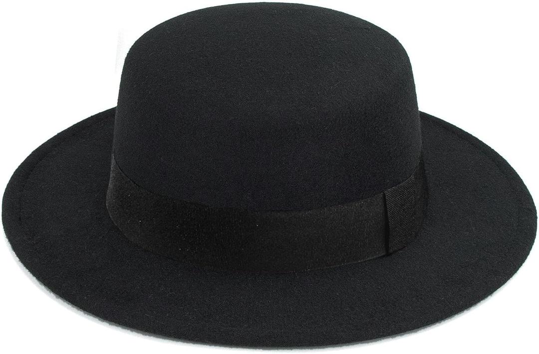 Classic Black Flat-Top Fedora Hat Wide-Brim Pork-Pie Hat Boater Hat Church Dery Cap for Women Men (Medium)
