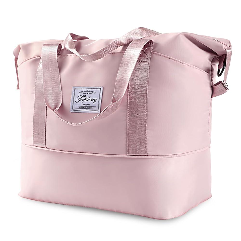 Travel Duffel Bag - Large Shoulder Weekender Overnight Bag, Carry on Bags with Wet Pocket, Waterproof Expandable Duffel Bags with Trolley Sleeve for Sports Travel Gym, Pink
